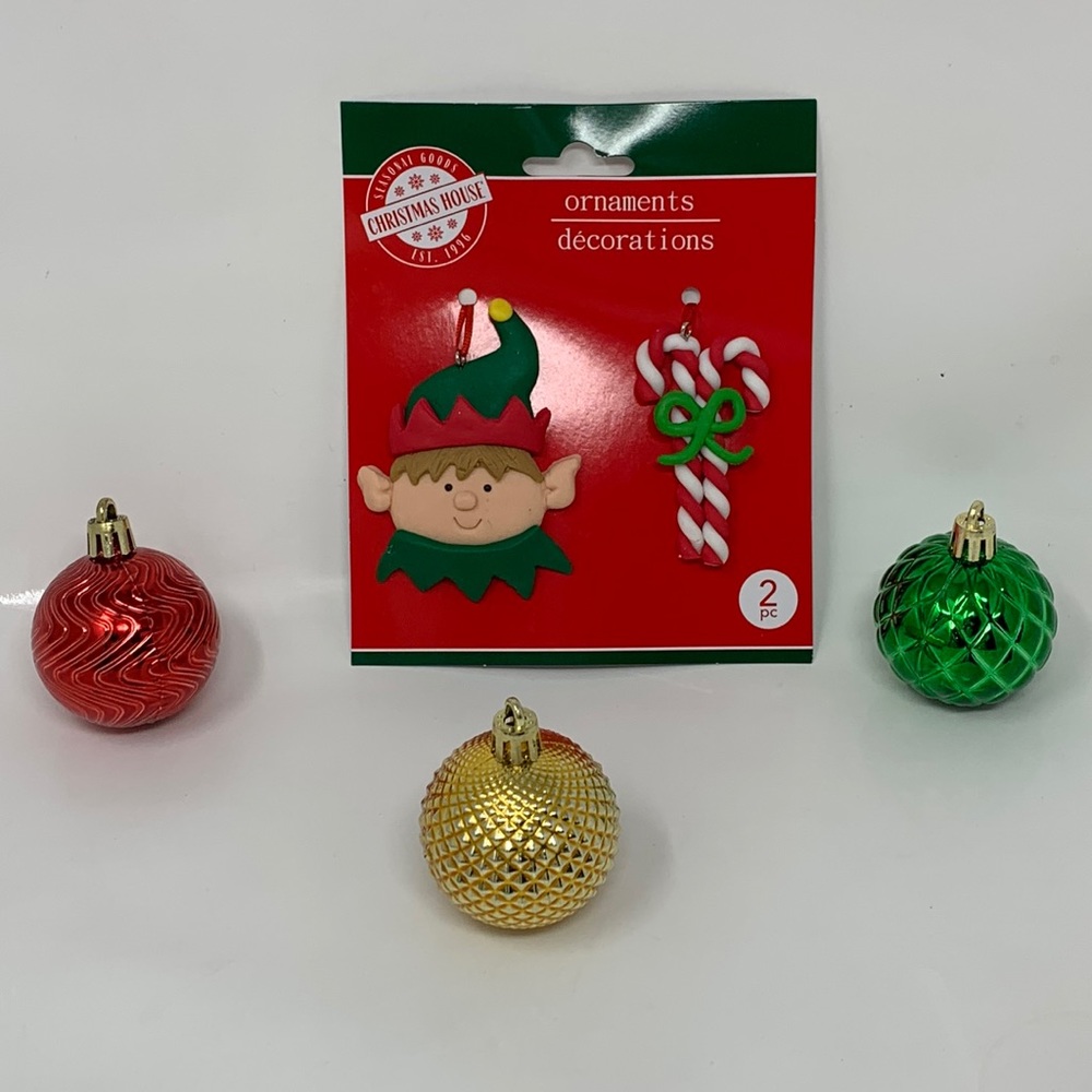 5 pc lot Christmas tree ornaments decorations, elf, candy canes, balls, NEW